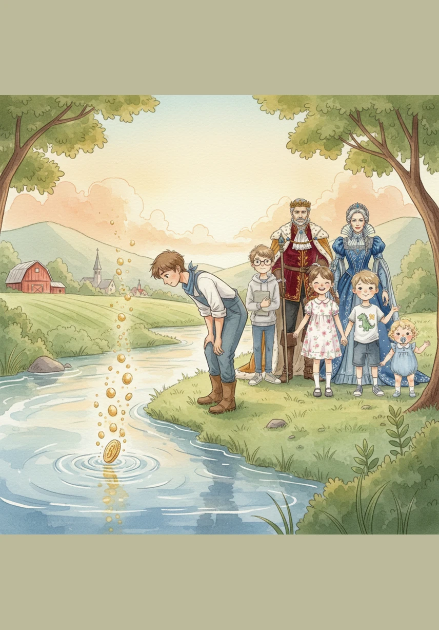 Hoping to bring his parents the honor they deserve, James returns to the river and uses the second coin to wish they were the leaders of the village. He watches the coin sink into the depths, leaving a trail of sparkling bubbles.