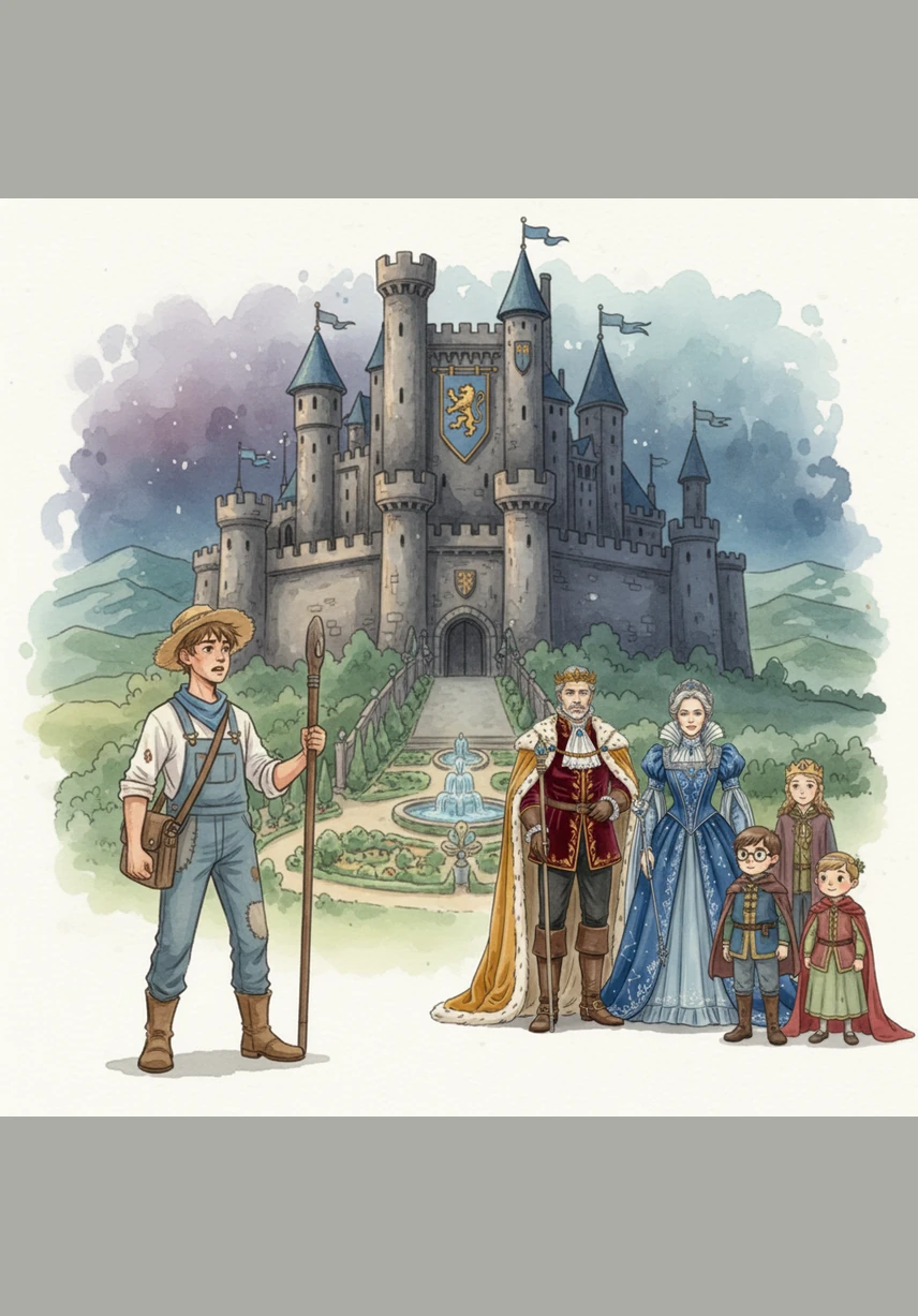 James returns to find a massive palace where the manor once stood, with his parents seated on high golden thrones as King and Queen. They wear heavy crowns and jewels, looking down at their subjects with stern, unrecognizable expressions.