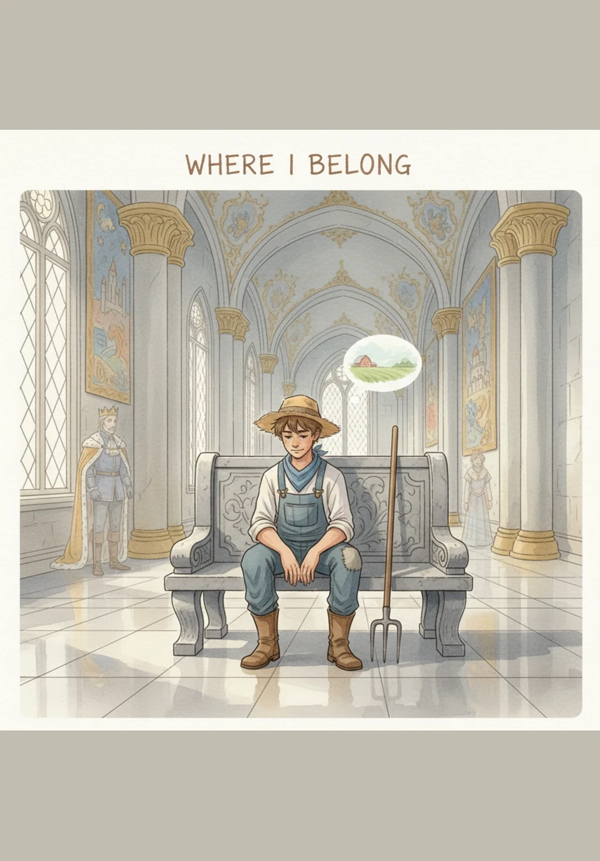 Sitting on a cold stone bench, James realizes that the grand palace feels empty without the warmth of his family's recognition. He misses the sound of his brothers' laughter and the gentle way his father used to tell stories by the fire.