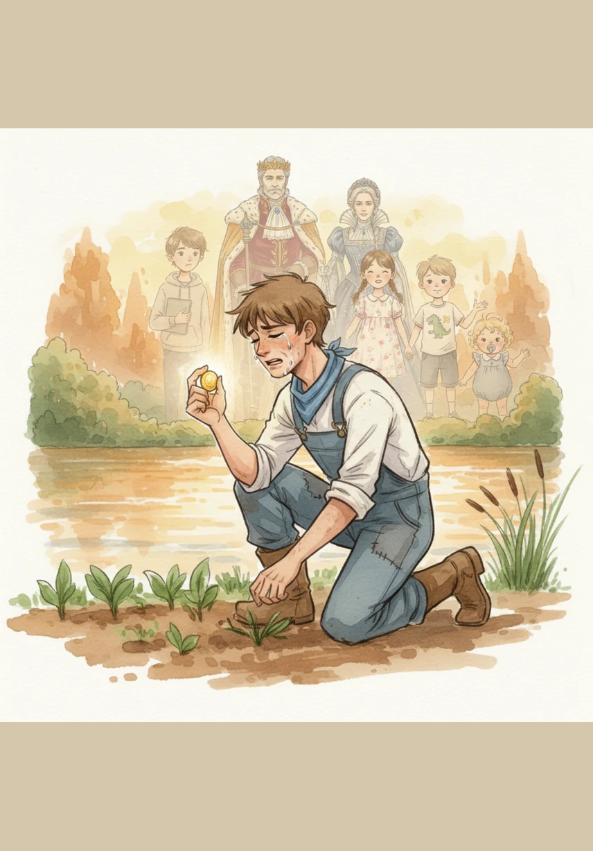 Desperate to fix his mistake, James rushes back to the riverbank and clutches the very last magical coin in his trembling hand. He whispers a wish for everything to return to the way it was, valuing love far more than any kingdom.
