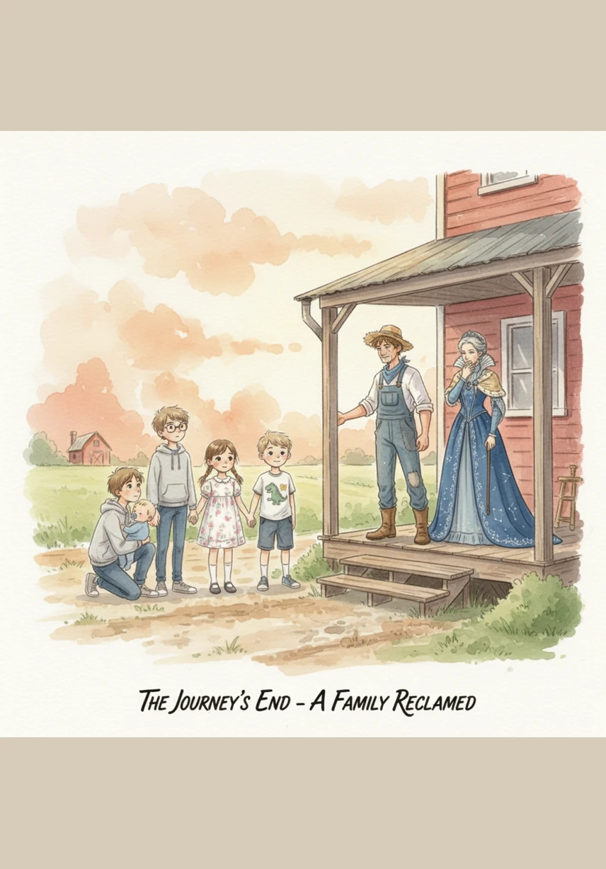 The palace dissolves like mist, and James finds himself standing before the old, familiar mud hut. His mother runs out with a smile of recognition and pulls him into a warm embrace, and James sighs in relief, knowing he is finally truly home.