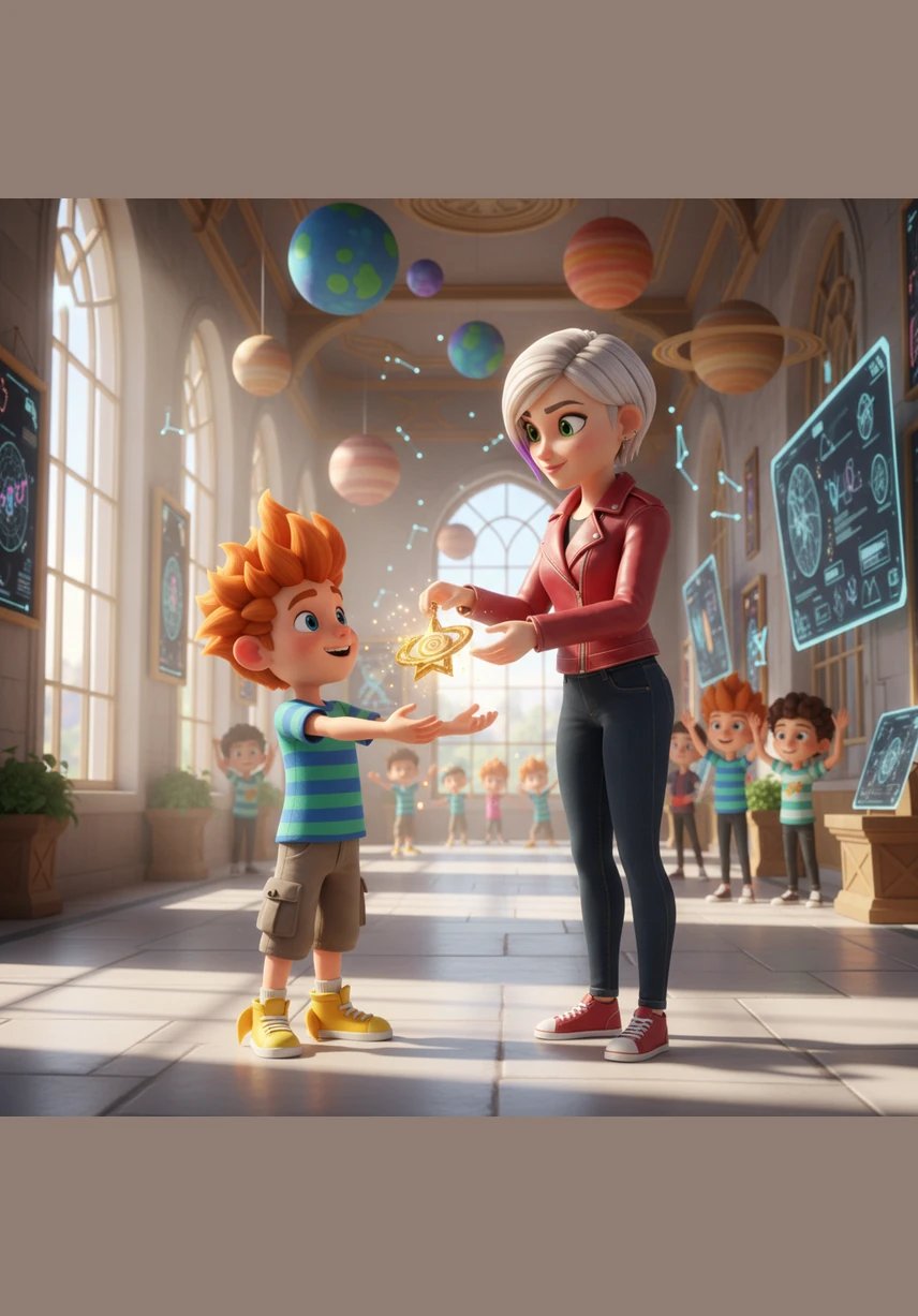 Leo stared at the holographic display in the academy hallway, his heart leaping as the glowing A-plus marks illuminated his face. Beside him, Zara let out a joyful shout, her own screen mirroring his academic success, and they shared a triumphant high-five that echoed through the sun-drenched corridor.