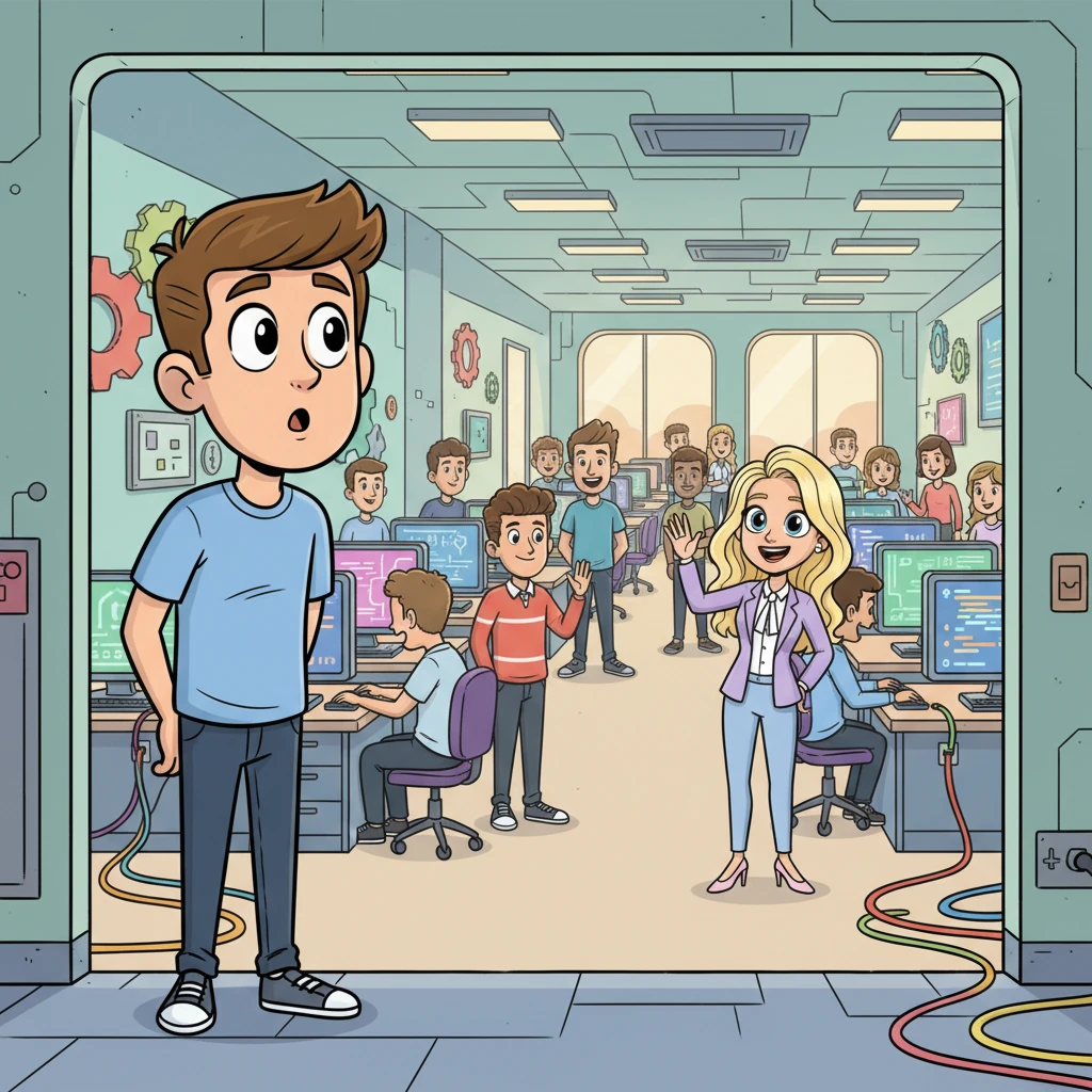 He stepped inside, a vast and colorful space filled with buzzing computers and friendly faces. Dave took a deep breath, his eyes wide with wonder at the bustling activity all around him. He felt a tiny bit lost in the big, new world.