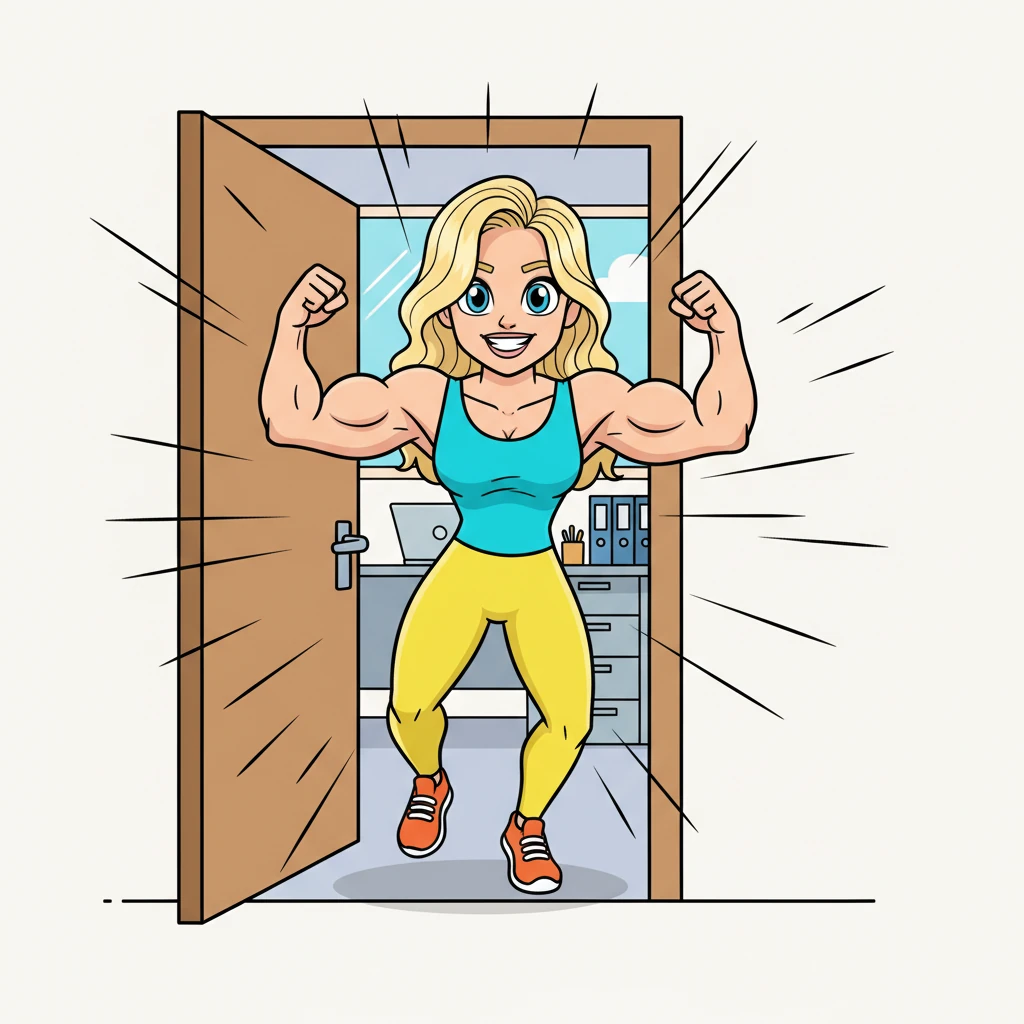 Suddenly, a whirlwind of energy burst through the door! It was Maureen, his new boss, a vibrant blonde woman with a powerful, friendly smile. She wore a sleeveless top, showcasing her impressively strong, cartoonishly muscular arms, and moved with incredible confidence.