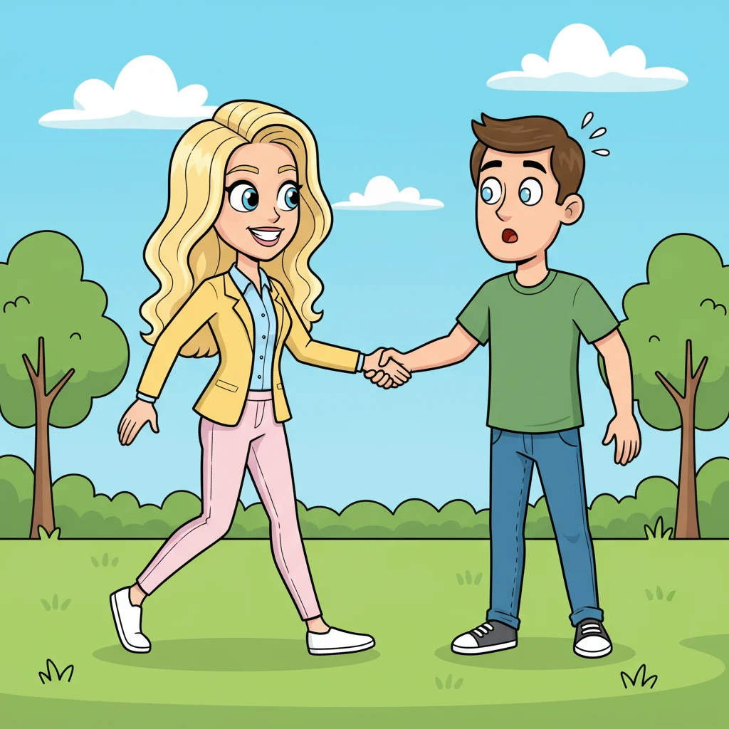 Maureen strode over to Dave with a bounce in her step, extending a hand for a hearty handshake. Dave's eyes widened a little more, surprised by her energetic presence and the sheer strength in her grip, which was firm but kind. She was even more powerful than he imagined!