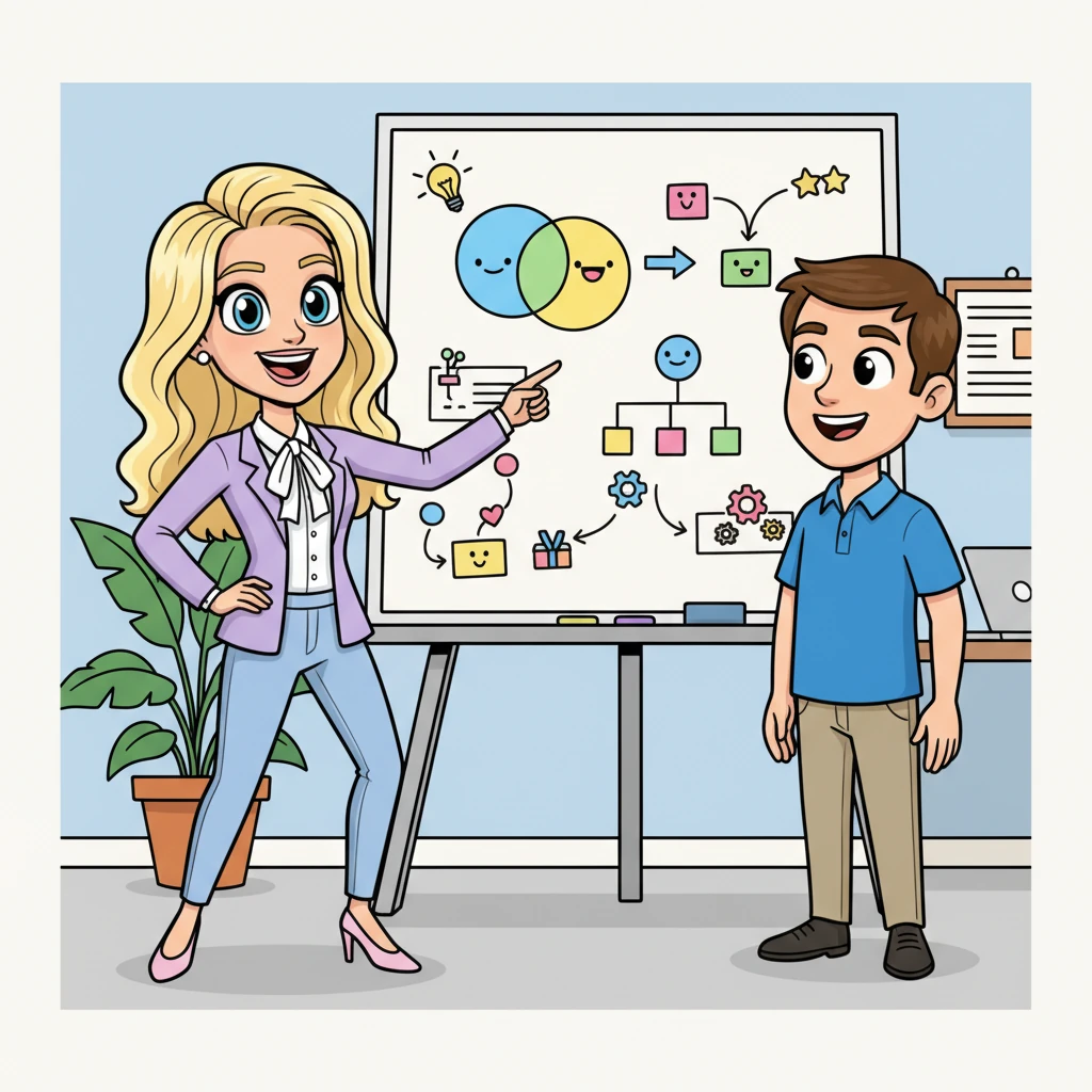 "Welcome, Dave!" Maureen boomed, her voice cheerful and clear. She pointed enthusiastically at a giant whiteboard filled with colorful diagrams, explaining their first exciting project. Her passion for work was absolutely contagious.