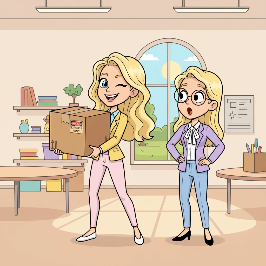 Later, as they were setting up their workspace, a huge, cartoonishly heavy box needed moving. Maureen, with a playful wink, effortlessly scooped it up with one arm, making it look as light as a feather. Dave watched in amazement, his jaw slightly dropped.