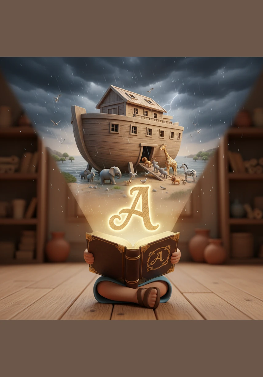 Little Caleb opens a magical Bible and finds the letter A for Ark, where animals walk two by two into a big wooden boat while rain clouds begin to gather.