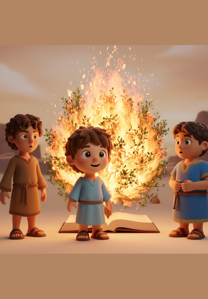 He turns the page to B and sees a Burning Bush that glows with bright orange light but never burns up, just like the one Moses saw in the desert.