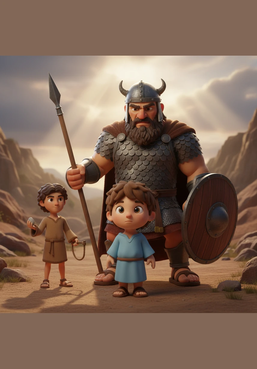 D is for Daniel, and Caleb peeks into a deep stone cave to see a brave man sitting peacefully with friendly-looking lions that are acting like big kittens.