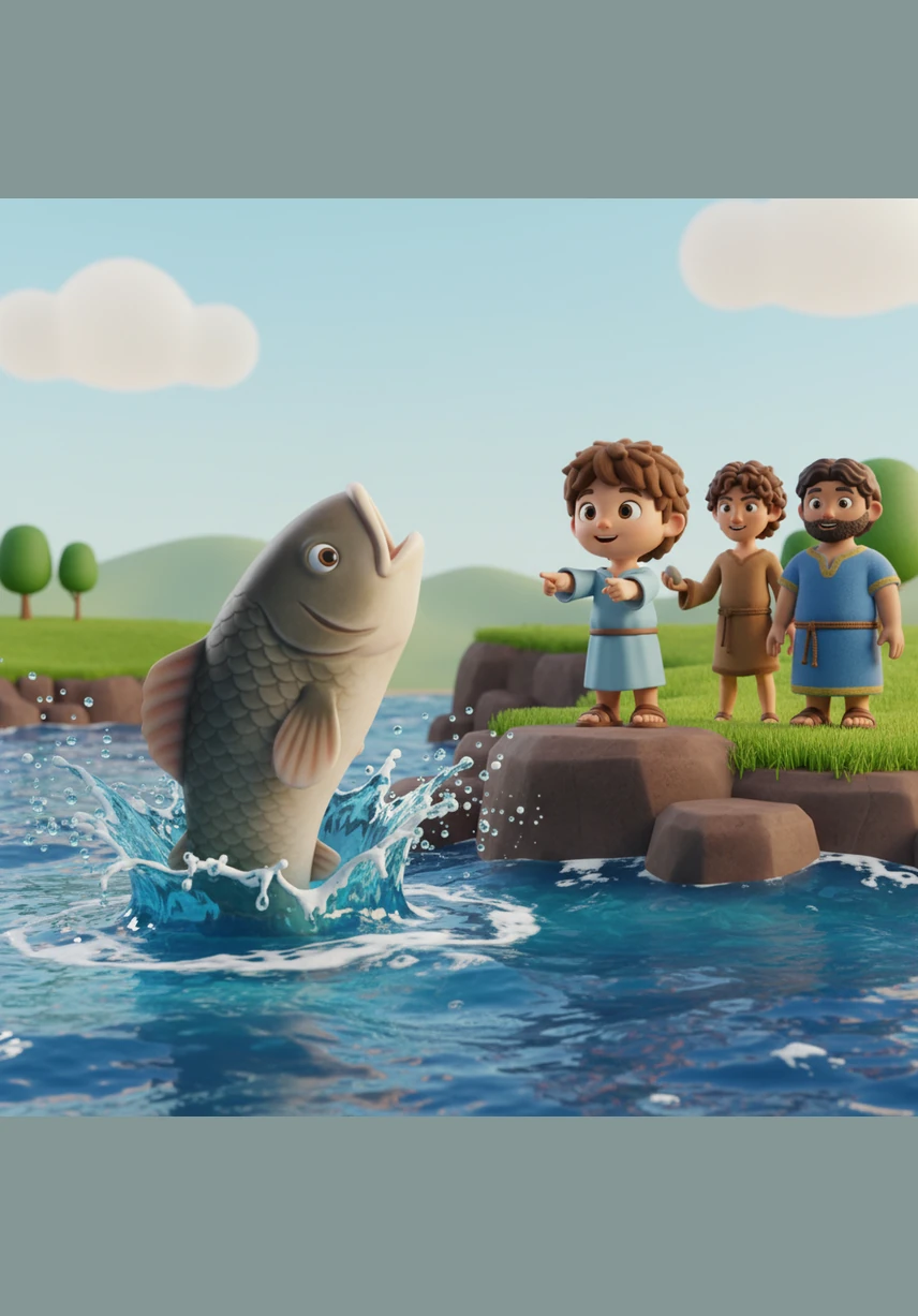 Moving to F, Caleb spots a giant Fish leaping out of the blue water, reminding him of Jonah’s amazing adventure and his big splash into the sea.