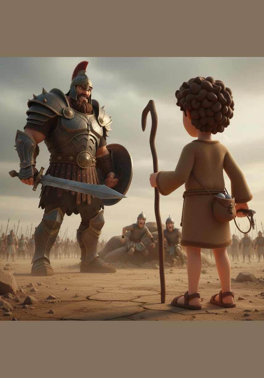 G is for Goliath, where Caleb watches a young boy named David stand tall and hold a small stone with great courage against a giant warrior.