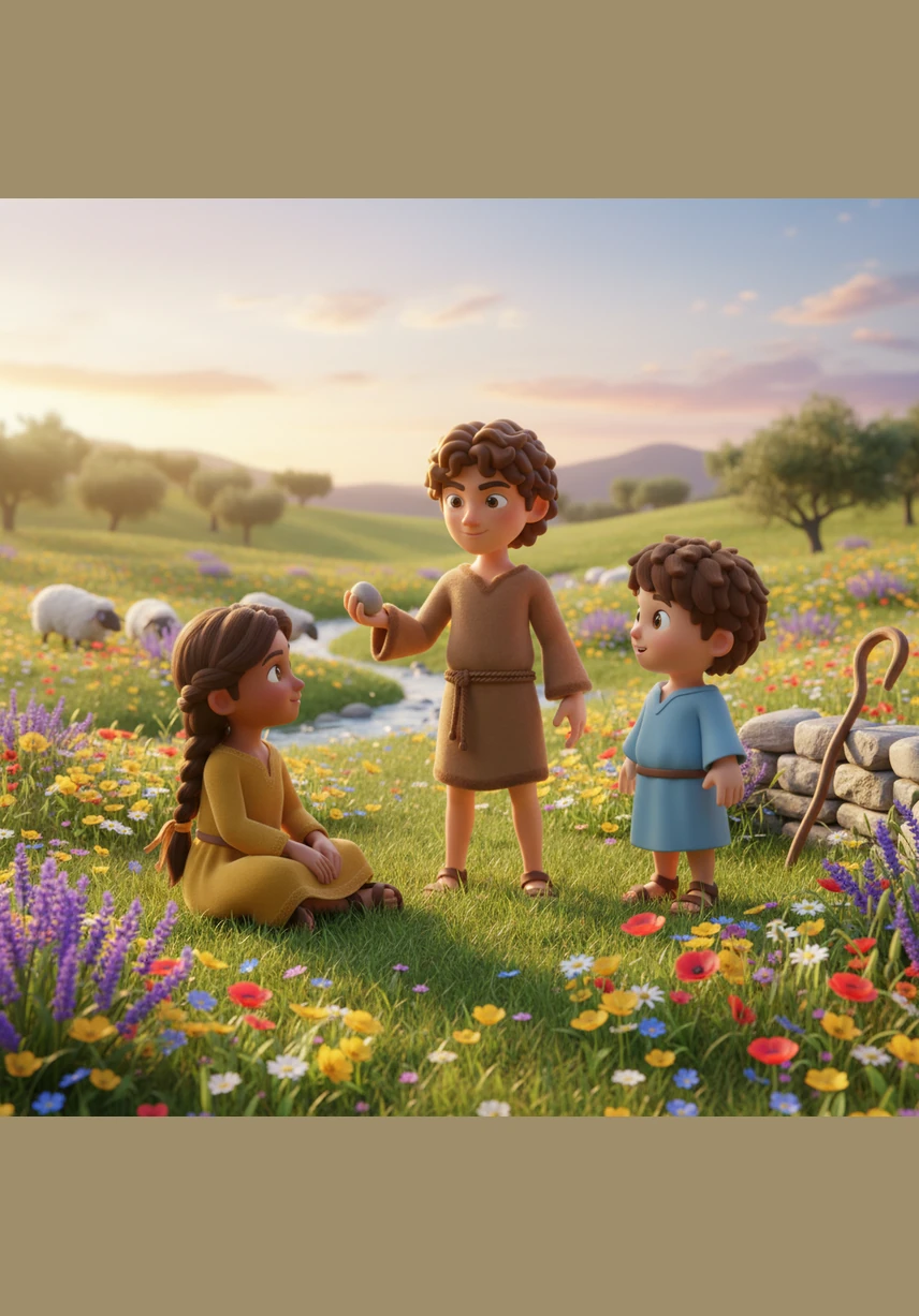 L is for Lamb, and Caleb smiles as he pets a fluffy white sheep resting safely in a peaceful, sunny meadow filled with colorful wildflowers.