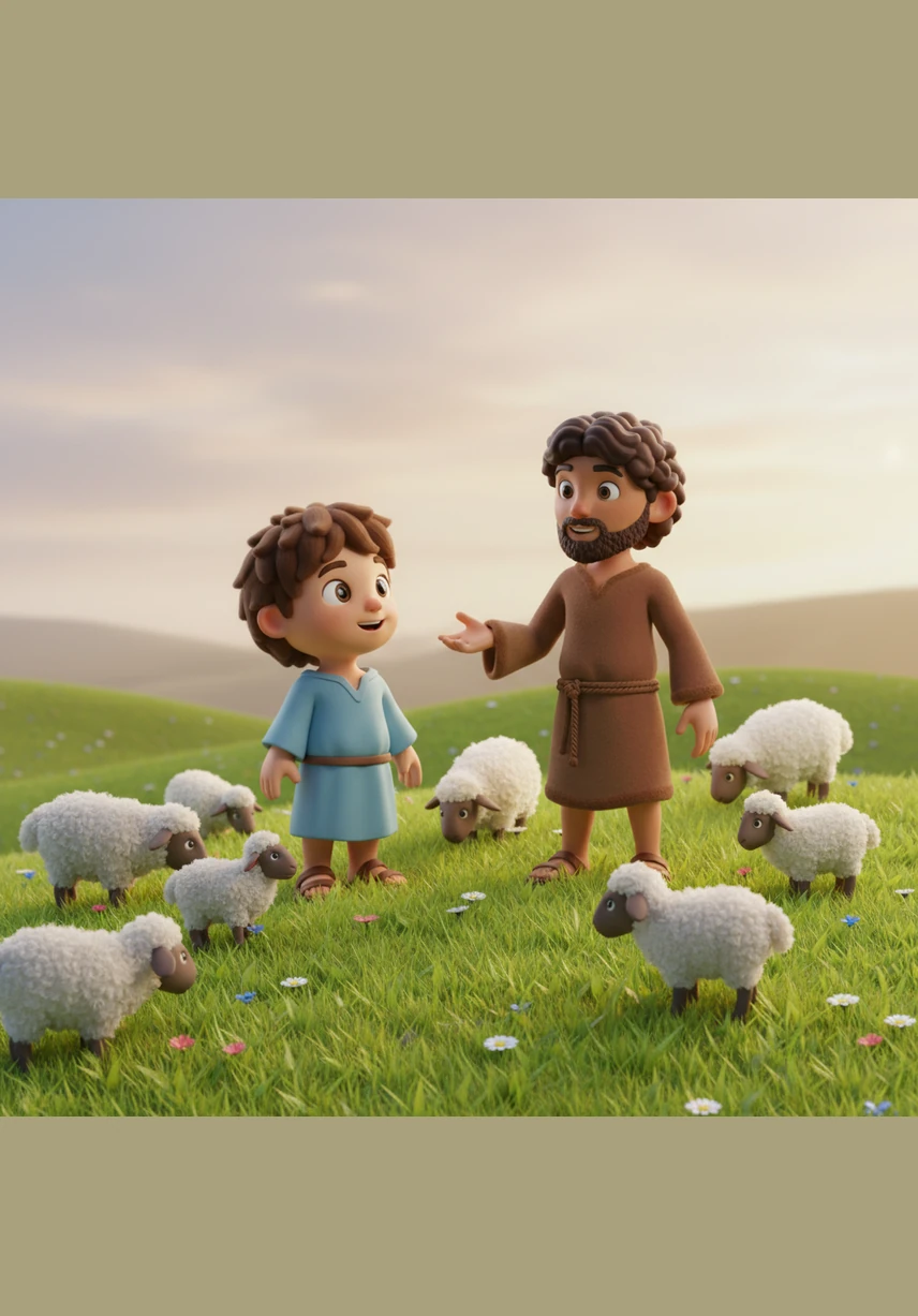 S is for Shepherd, where Caleb joins a kind man wearing a simple robe who is looking after his flock of sheep on a rolling green hill.