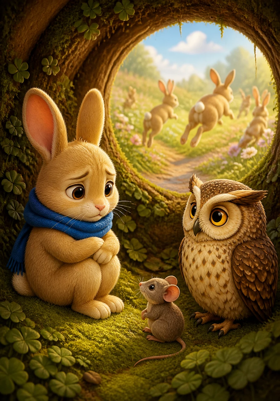 Milo the bunny lived in a cozy burrow lined with soft moss and warm clover. While the other bunnies hopped far and wide, Milo preferred to stay close to home, feeling small in a very big world.