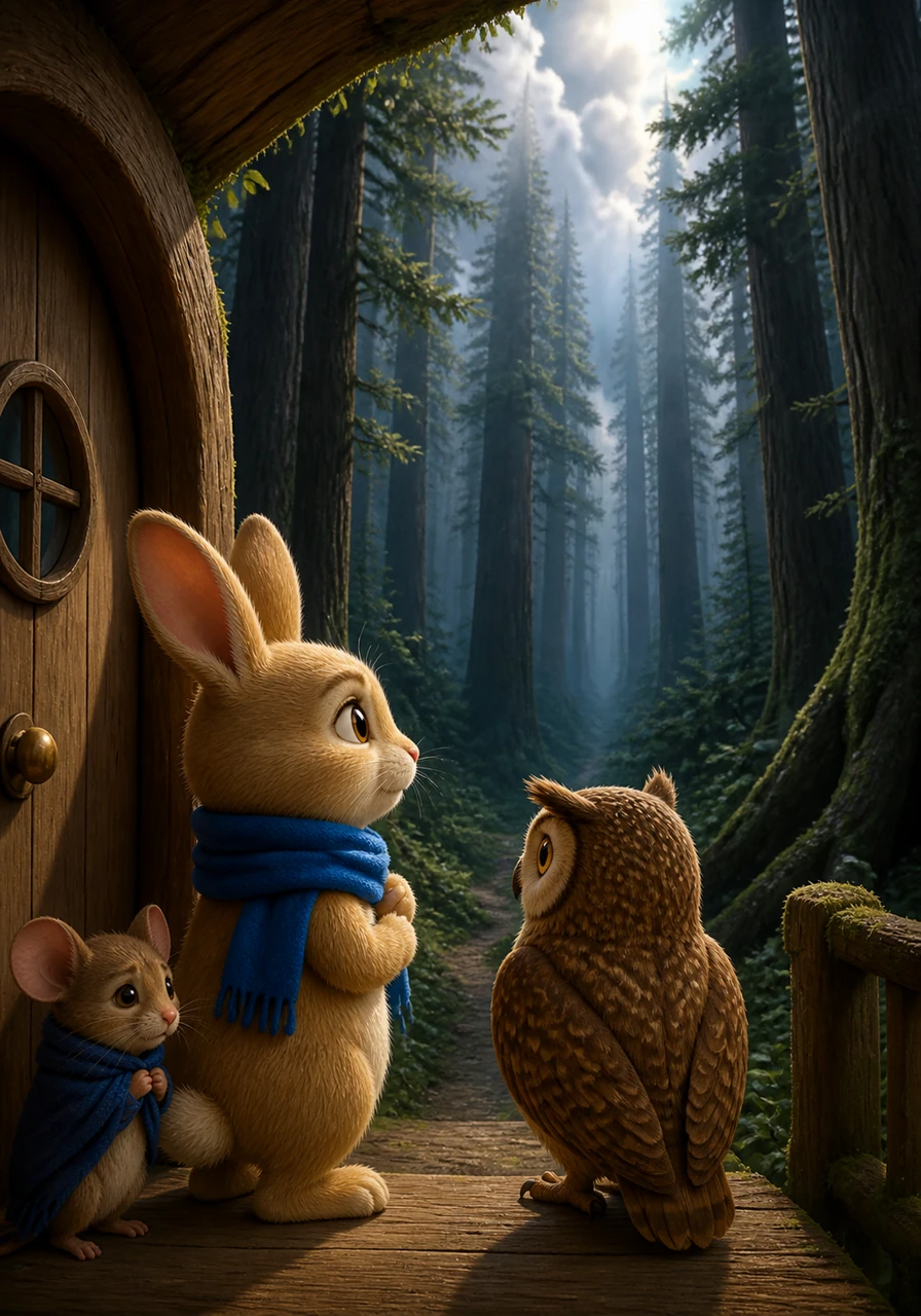 From his doorway, Milo gazed at the Whispering Woods, where the trees were so tall they seemed to touch the clouds. He dreamed of finding the magical Star-Flower that bloomed deep in the forest, but the shadows made his nose twitch with worry.