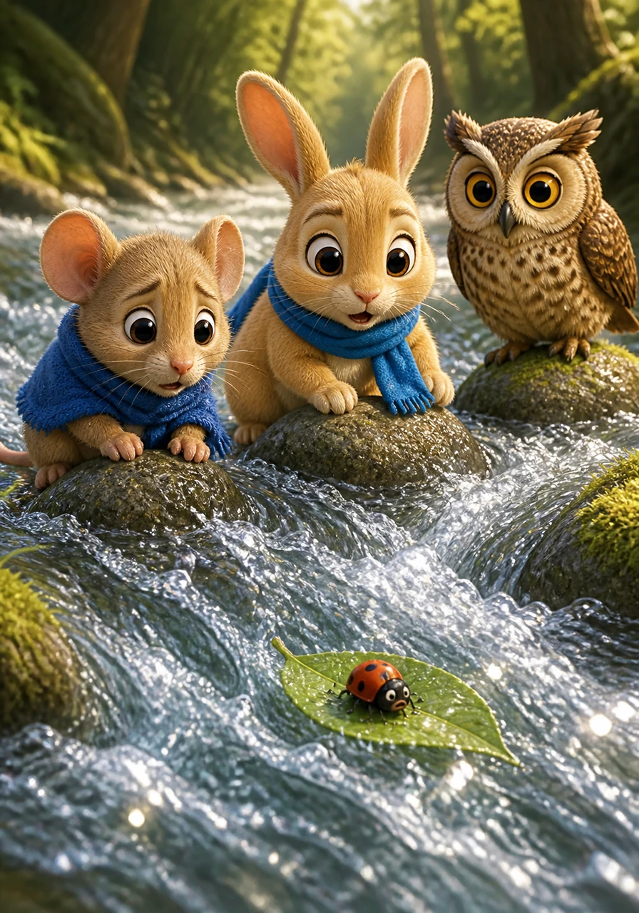 The path led to a gurgling stream that sparkled like diamonds, but the water moved very fast. Milo spotted a tiny ladybug shivering on a leaf stuck in the middle of the rushing water.