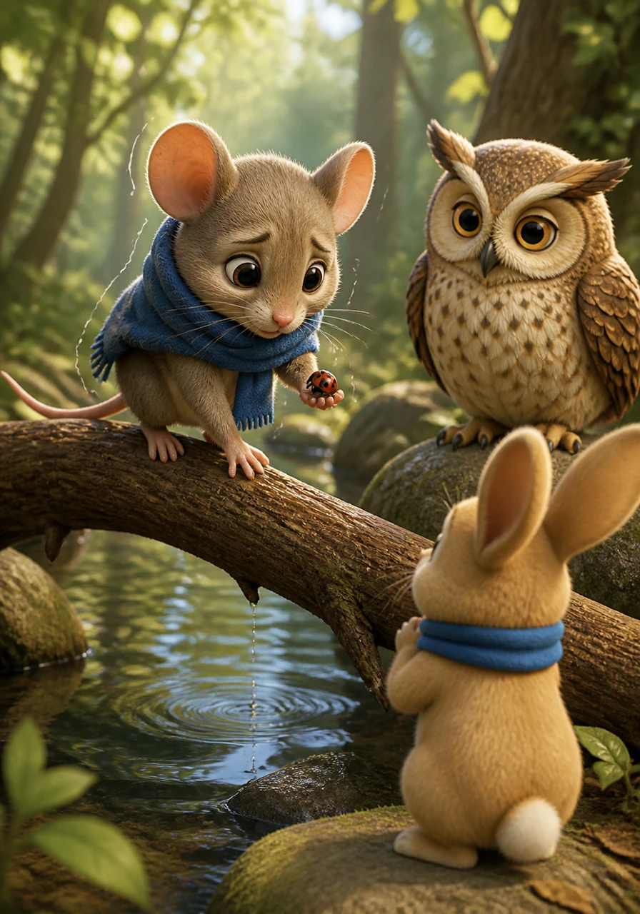 Though his paws trembled, Milo found a sturdy fallen branch and balanced carefully across the water. He gently lifted the ladybug to safety, feeling a warm glow of pride inside his chest.