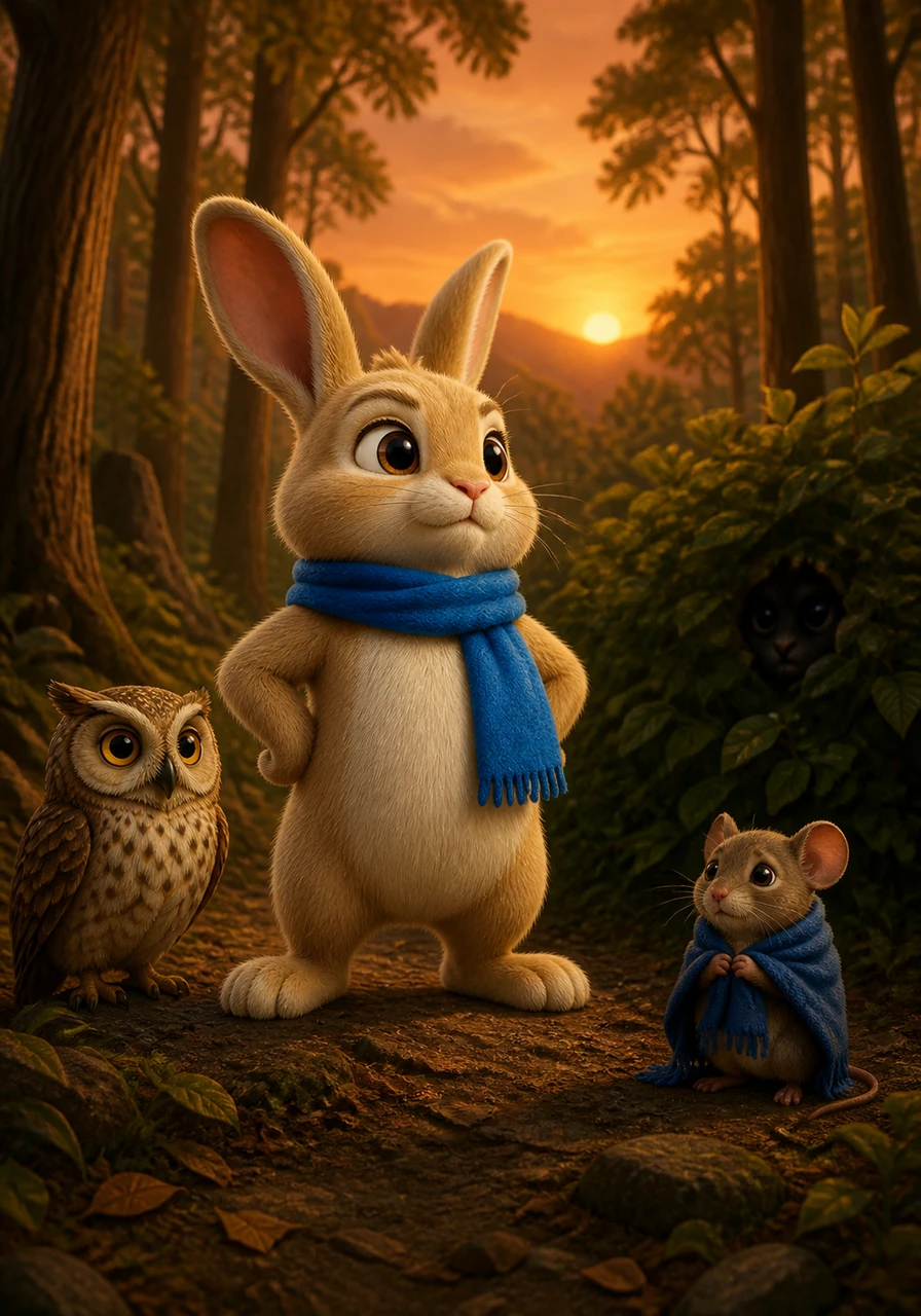 As the sun began to dip behind the hills, the forest grew quiet and the shadows stretched long across the ground. Milo heard a loud rustle in the bushes, but instead of running away, he stood tall and held his head high.