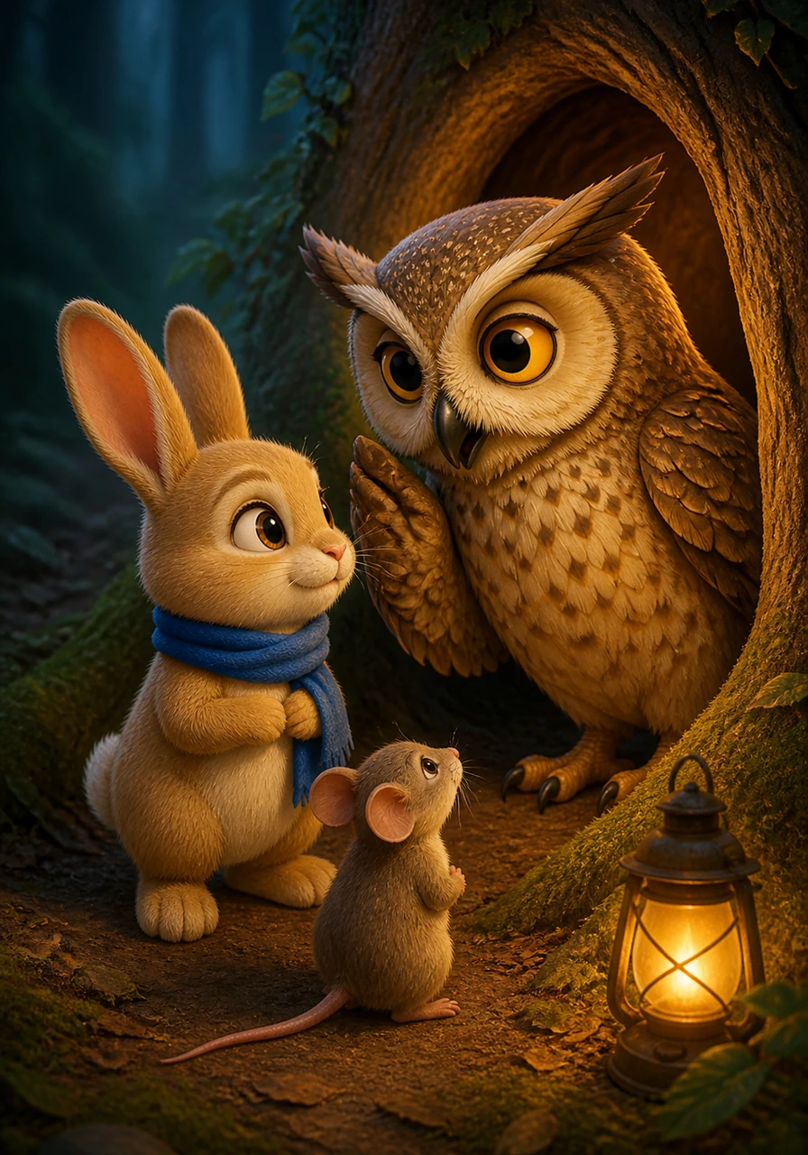 Out popped a wise old owl named Hoot, who blinked his large, golden eyes at the brave little bunny. Hoot whispered that bravery isn't the absence of fear, but the choice to keep going even when you are afraid.