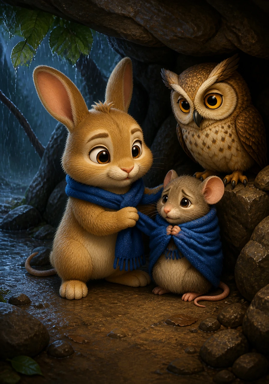 Suddenly, heavy raindrops began to pitter-patter on the leaves, turning into a summer storm. Milo found a dry, rocky cave and invited a shivering field mouse to share the warmth of his blue scarf.