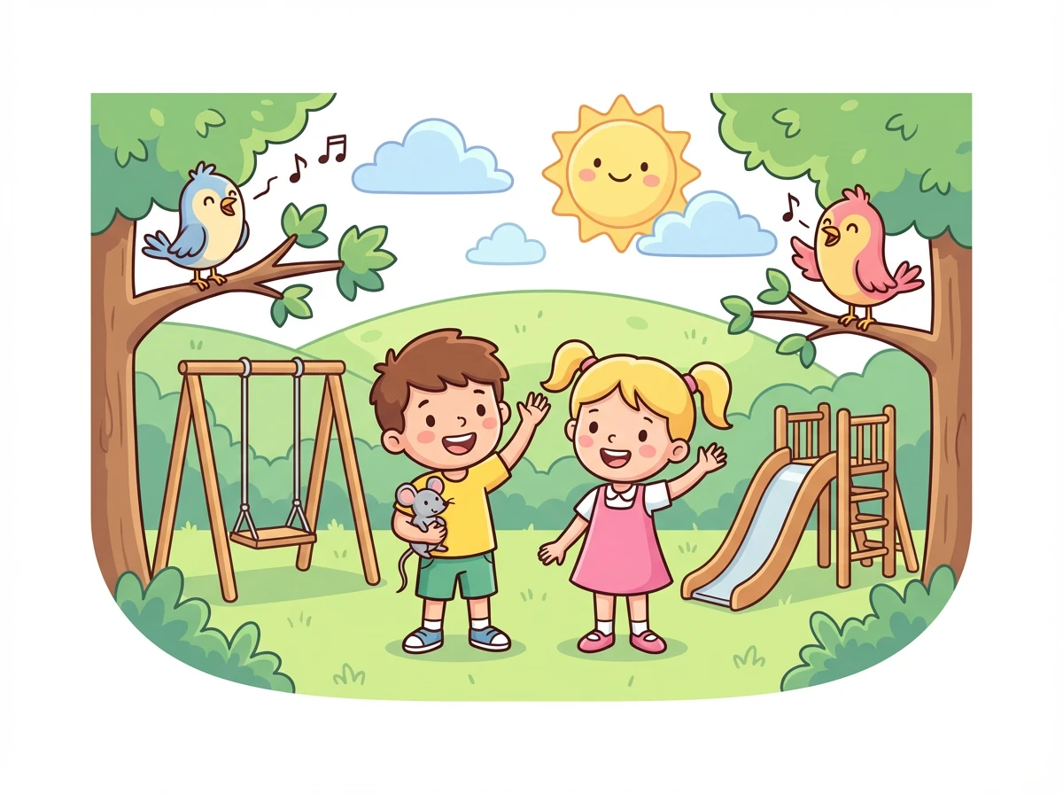 Zeca e Bia chegaram ao parquinho na floresta da Virgínia, ansiosos para brincar. O sol brilhava e os pássaros cantavam, criando o cenário perfeito para um dia divertido.