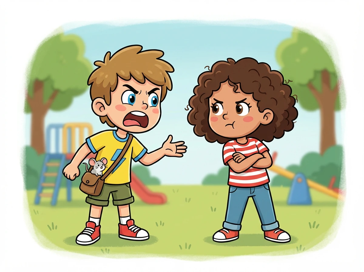 Uma discussão começou. 'Eu quero ir primeiro!', exclamou Zeca. 'Não, eu quero!', respondeu Bia, cruzando os braços.