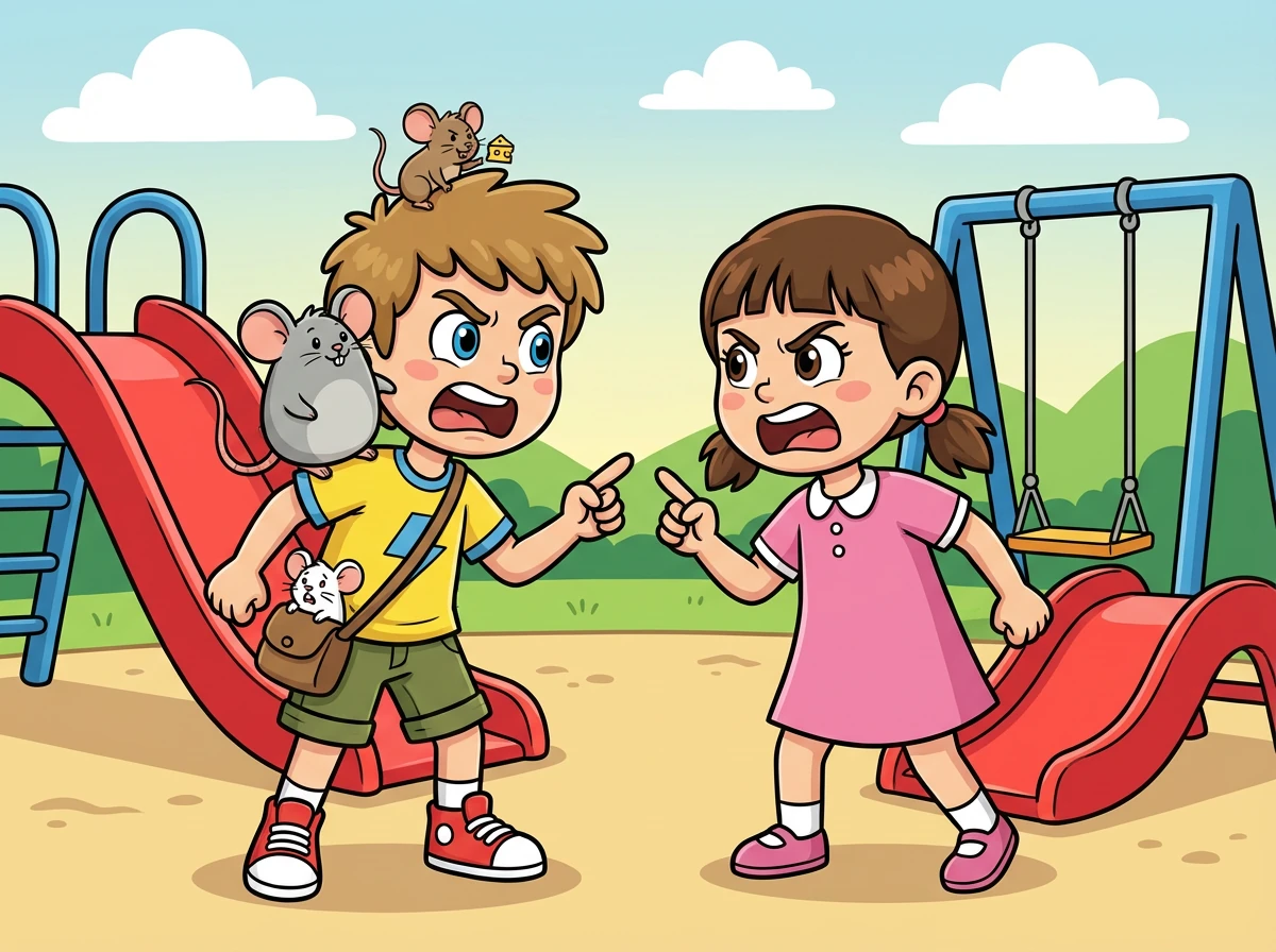 A disputa ficou acalorada, com ambos insistindo em ter a vez. A alegria do dia no parquinho estava ameaçada por essa briga boba.