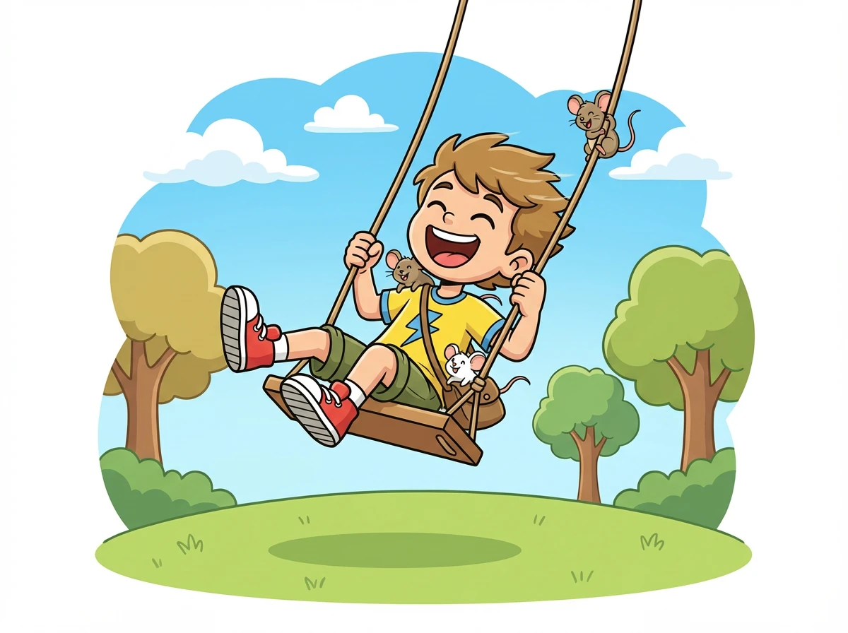 Quando Bia terminou, foi a vez de Zeca. Ele se balançou alto, sentindo o vento no rosto e rindo de felicidade.