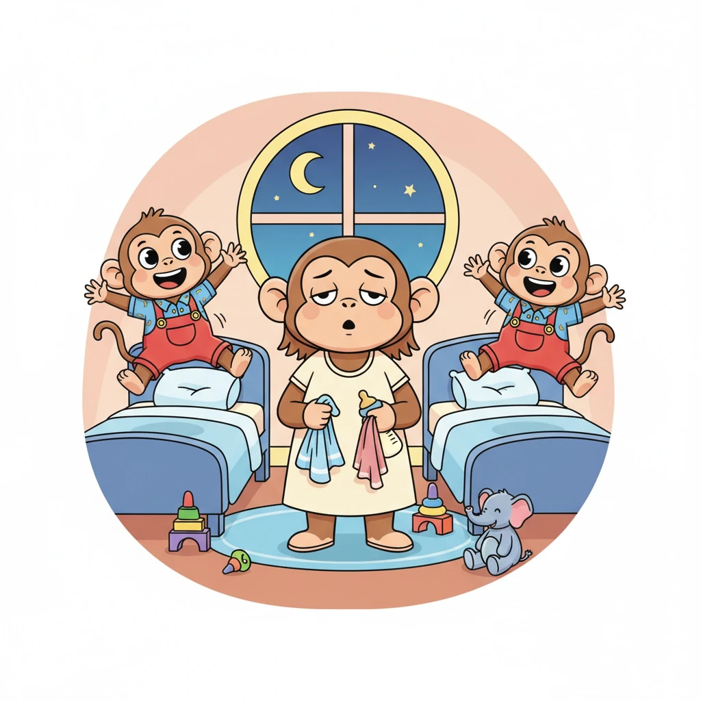 Mama Monkey, looking quite sleepy, had just finished bathing and feeding her two mischievous little monkeys, Pip and Squeak. But instead of yawning, Pip and Squeak were bouncing on their beds, their eyes wide and sparkling with unspent energy.