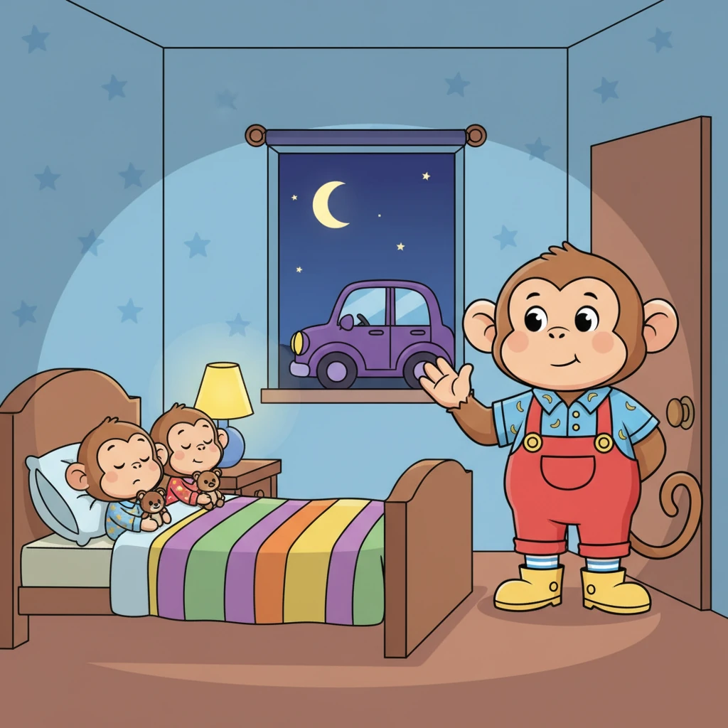 Papa Monkey entered the room, his expression kind but firm. He gently reminded Pip and Squeak to listen to Mama and go to bed. With a loving wave, Papa then left in his car to go to shul for evening prayers.