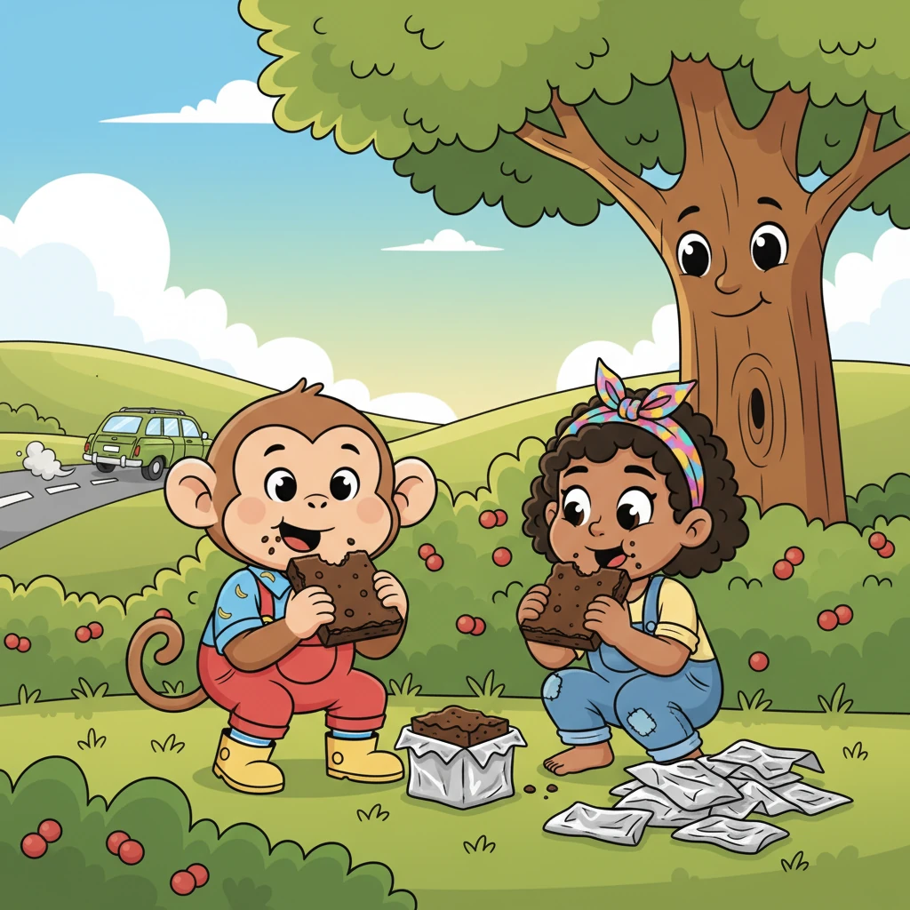 The moment Papa's car zoomed out of sight, Pip and Squeak exchanged a mischievous glance. They scurried to a secret spot, pulling out a hidden stash of brownie bars. Crinkly crack went the wrappers as they happily munched away.