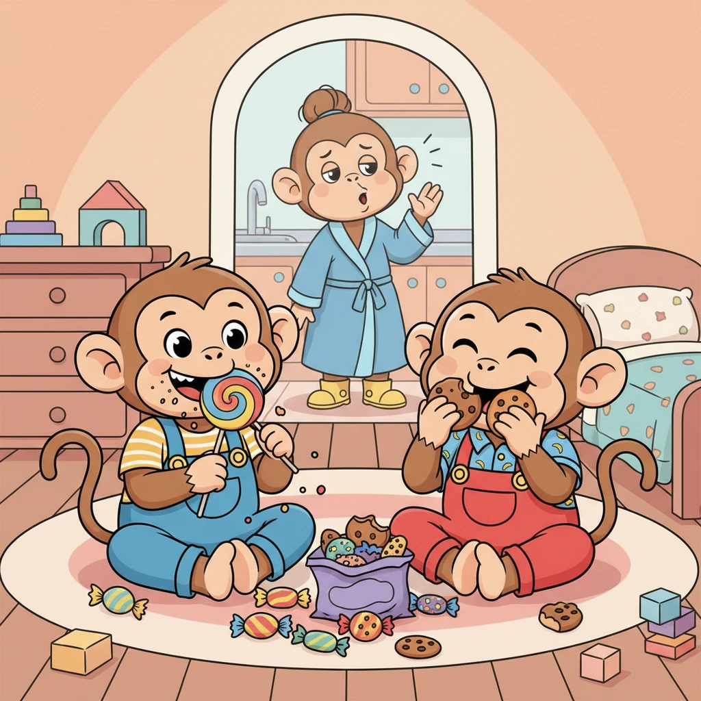 From the next room, Mama Monkey called out, her voice a little tired, reminding them it wasn't snack time. But the two little monkeys, giggling softly, continued to crunch and munch their sugary treats, completely ignoring her.
