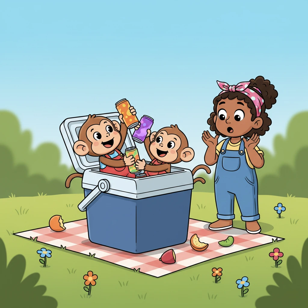 Suddenly, Pip and Squeak stopped eating and declared, "Mama! We're thirsty!" Before Mama could even respond, they dove into a cooler, pulling out two brightly colored sodas, ready for a fizzy drink.