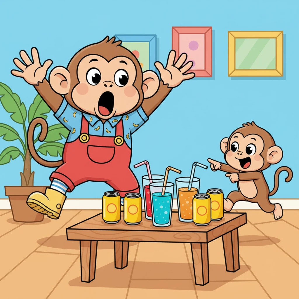 Mama Monkey rushed in, her eyes wide with alarm at the sight of the sodas. "So much sugar!" she shrieked, throwing her hands up in exasperation. "My little monkeys are going bananas! How will they ever learn good manners?"