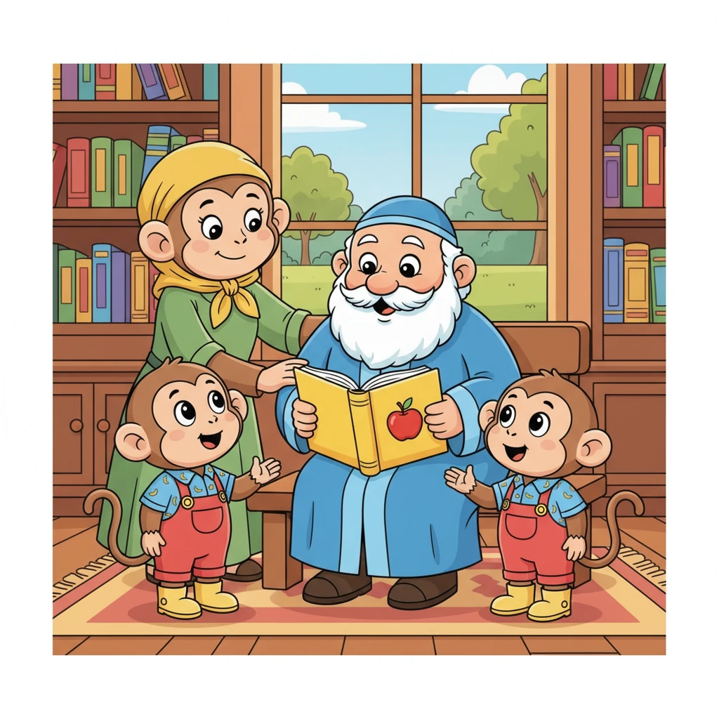 Mama gently led Pip and Squeak to the kind Rebbe, who listened patiently to their story. The Rebbe, with a warm smile, advised the little monkeys to use their boundless energy to learn Torah and promised they would find success and joy.