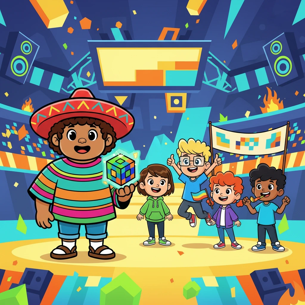 Geo, un joven con una sonrisa contagiosa y un entusiasmo inagotable, se preparaba para el torneo oficial de Geometry Dash. Sus amigos, Dani, Iago, Mateo, Nico, Gorka y Nerón, estaban ansiosos por animarlo. La emoción se palpaba en el aire, llena de anticipación y alegría.