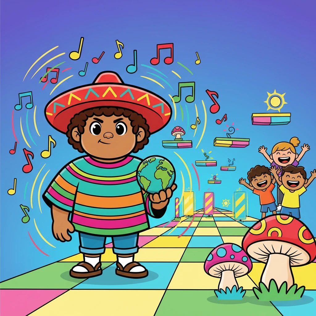 Con renovada determinación, Geo enfrentó el siguiente nivel, aún más desafiante.  La música vibraba y los obstáculos se multiplicaban.  Pero Geo, impulsado por el ánimo de sus amigos, luchó con valentía.
