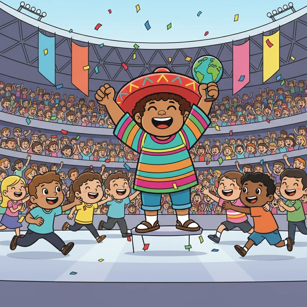 Finalmente, ¡lo logró! Geo completó el nivel final, la victoria era suya.  El estadio explotó en aplausos y vítores. Sus amigos corrieron a abrazarlo, celebrando su triunfo.