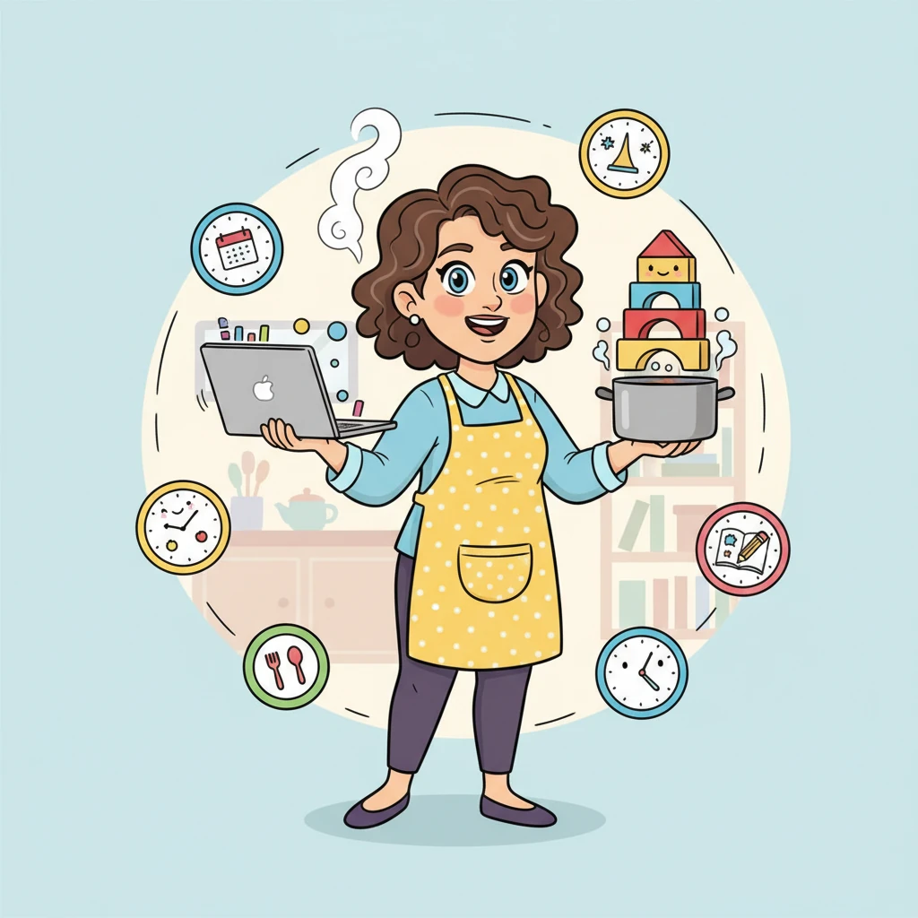 Elara, with her bright, curly hair and a cheerful apron, juggled a laptop, a bubbling pot, and a stack of colorful building blocks. Around her, friendly cartoon clocks spun, showing how quickly her day zoomed from work calls to family meals and creative projects. Her smile was wide, but a tiny wisp of steam hinted at her constant motion.