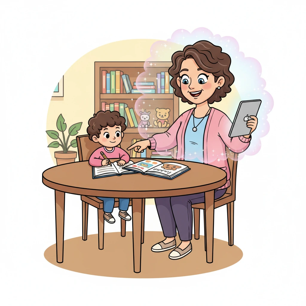 Later, Elara was a whirlwind of activity, helping her child with homework while simultaneously sending an important email. Though she moved with grace, a faint, shimmery aura of 'poof!' seemed to follow her, suggesting she was running on pure will. Her expressive eyes, while smiling, held a flicker of deep-seated weariness.