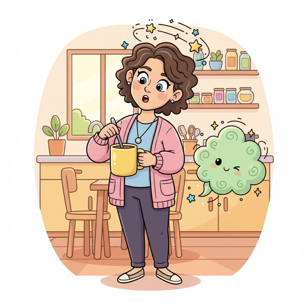 One morning, while stirring her coffee, Elara felt a sudden, gentle wobble. Little cartoon stars and swirls momentarily danced around her head, quickly fading as she blinked. A mischievous green cloud, representing nausea, briefly floated nearby before disappearing with a 'poof!'