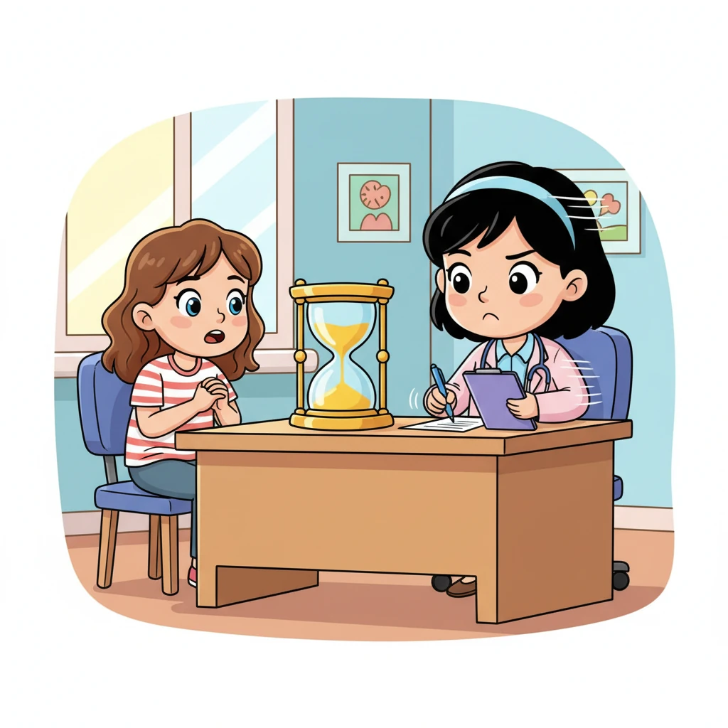 In the bright clinic room, Elara sat across from a friendly but very busy clinician, whose pen flew across a clipboard. A large, cartoon hourglass beside them showed sand rushing down quickly, emphasizing the swift pace of the appointment. Elara tried to explain her feelings, but the words felt rushed.