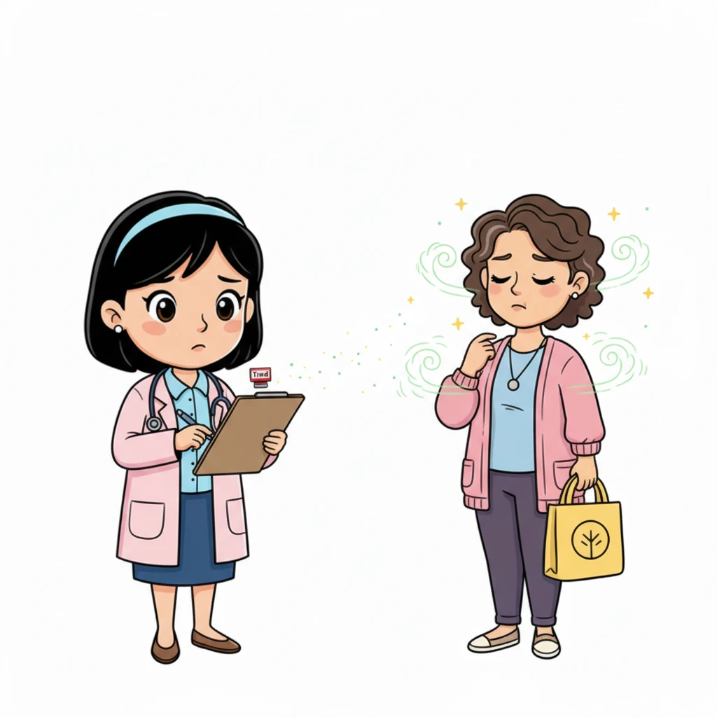 As Elara described her fatigue, the clinician's notes briefly showed a tiny, generic 'Tired' stamp. The dancing stars and green clouds of her actual symptoms were interpreted as 'stress' or 'general treatment effects,' shrinking into invisible specks on the page. Elara felt a tiny sigh escape her lips.