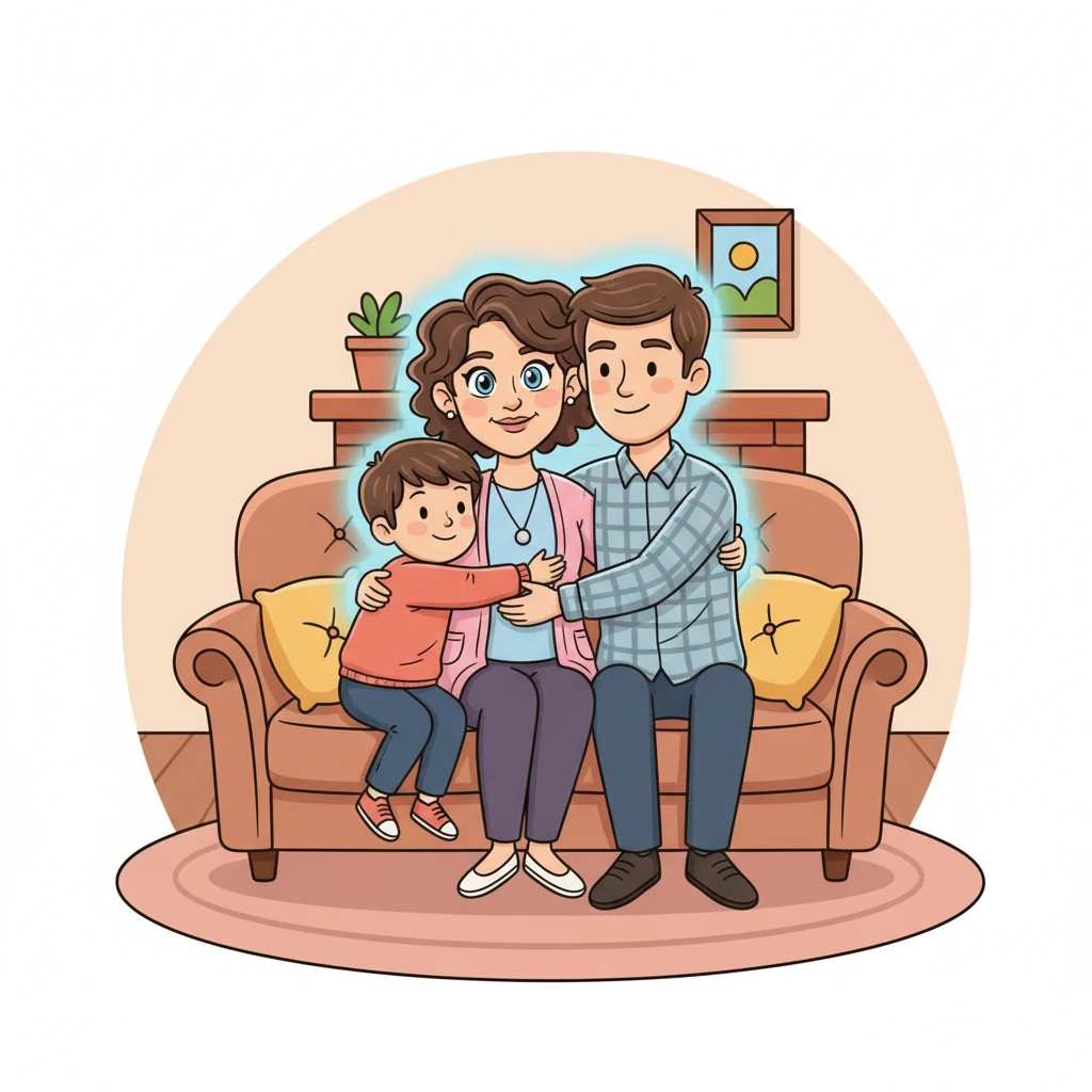 In a quiet moment, Elara sat with her family, sharing a warm embrace. While her smile was genuine, a subtle, shimmering outline around her showed the invisible load she carried. Her family's loving presence was a comfort, but the unspoken challenges still hummed softly beneath the surface.