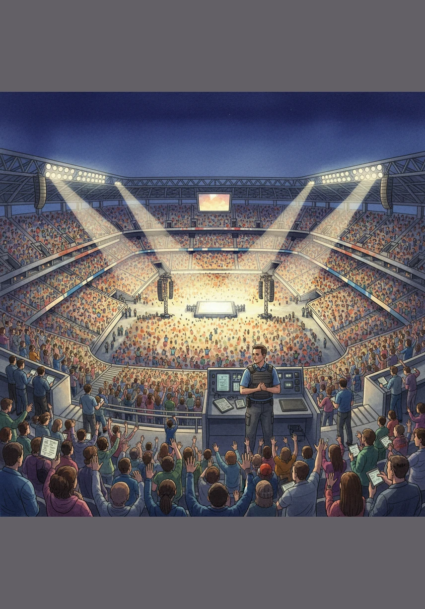 A vast stadium glows under the night sky, packed with thousands of excited fans. From high above, the sheer scale of the event is breathtaking, yet it hints at the massive complexity hidden beneath the surface of the cheering crowd.