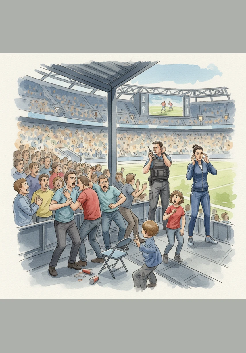 In a crowded corner of the stadium, a small disturbance begins to escalate among the spectators. Because the communication lines are jammed and visibility is limited, the nearby security team remains unaware of the situation, highlighting a dangerous gap in response time.