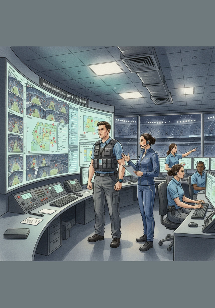 On the main dashboard, a live map displays the pulse of the entire event in real-time. Alex watches as digital icons representing the workforce move across the stadium floor, allowing for perfect coordination and strategic deployment of every team member.