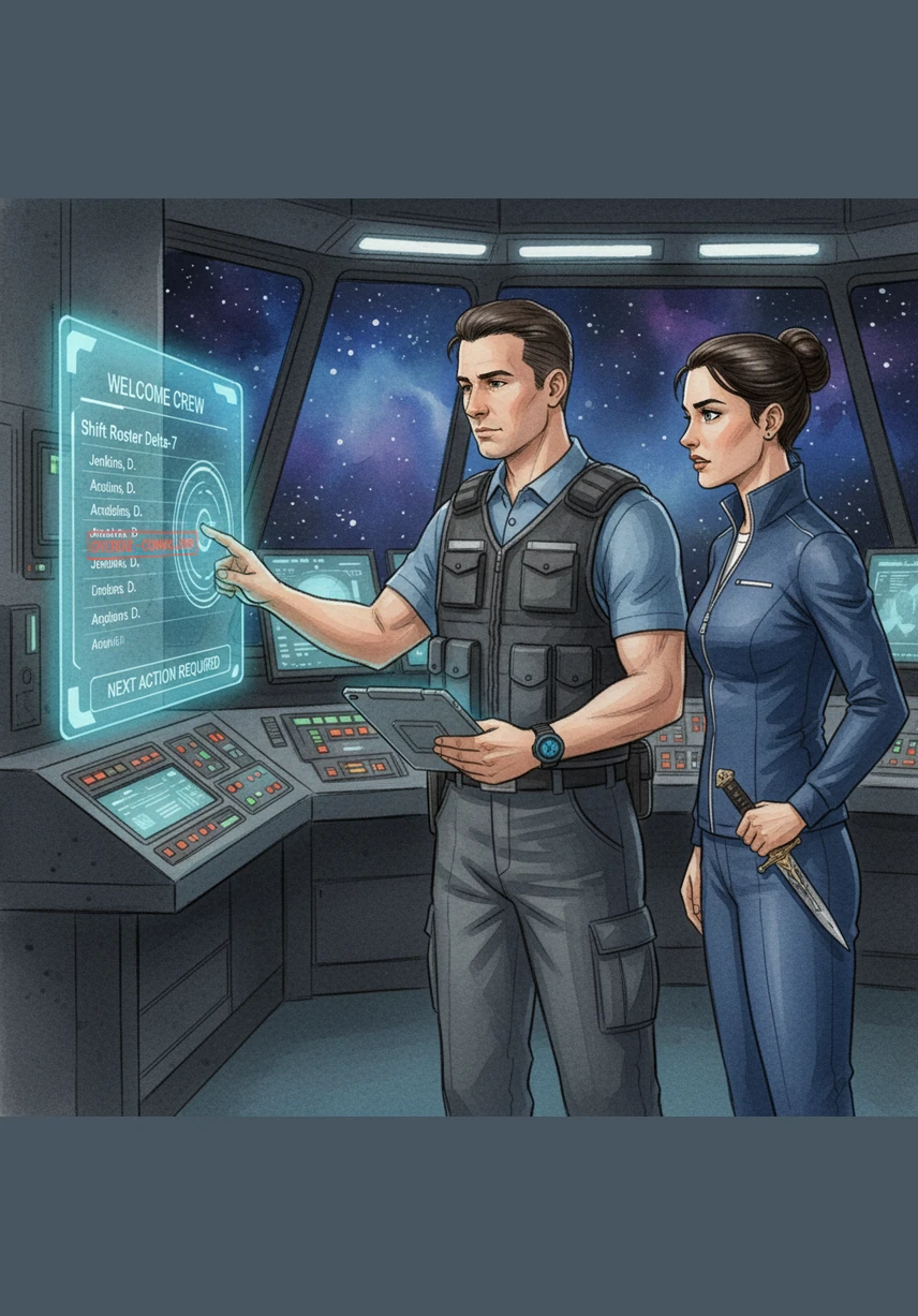 Beyond just security, Alex monitors the health and safety of the entire crew through a dedicated welfare panel. The dashboard tracks fatigue levels and vital stats, while secure NFC access ensures that only authorized personnel enter restricted zones with a simple tap.