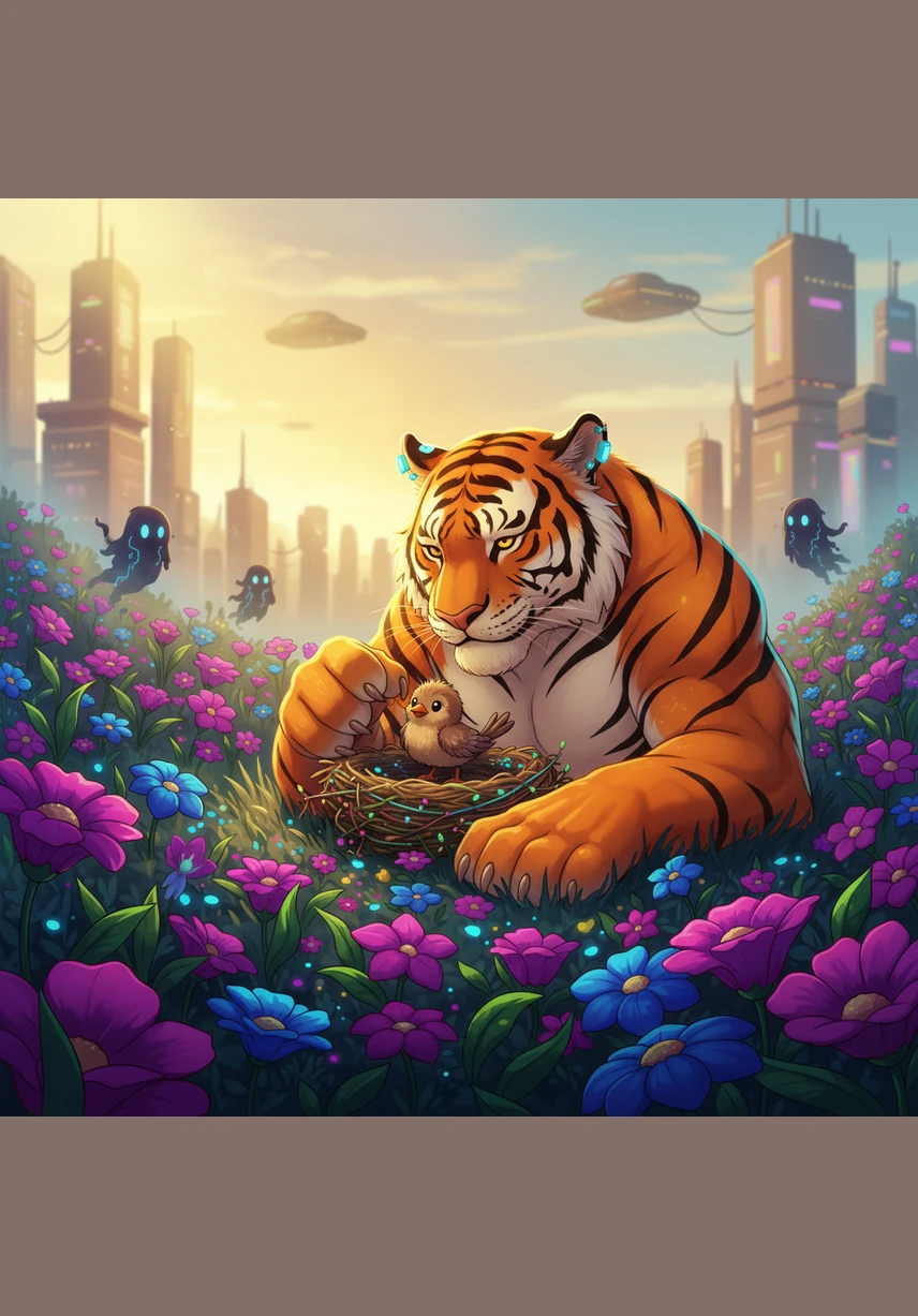 Under the warm morning sun, Taji the tiger rests in a field of vibrant wildflowers. He gently nudges a fallen baby bird back toward its nest with his soft velvet nose, his stripes glowing gold in the light.